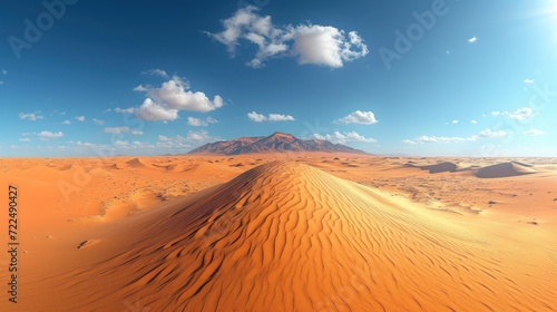  a desert landscape with sand dunes and a mountain in the distance under a blue sky with a few white clouds.