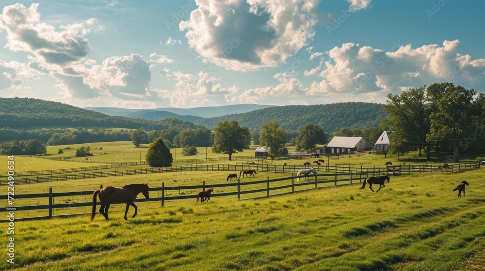Fototapeta premium a herd of horses grazing on a lush green field next to a wooden fence with a barn in the background.