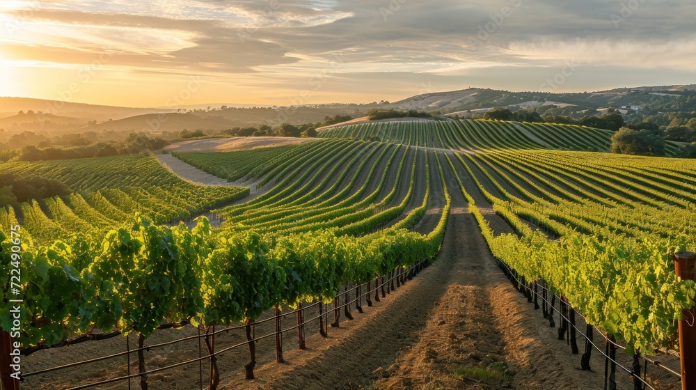  the sun is setting over a vineyard with rows of green vines in the foreground and hills in the background.