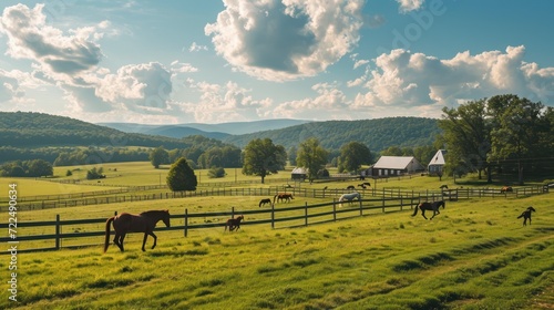  a herd of horses grazing on a lush green field next to a wooden fence with a barn in the background.