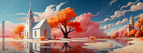 A unique autumnal landscape illustration of a church near a lake with an unusual colour and style.