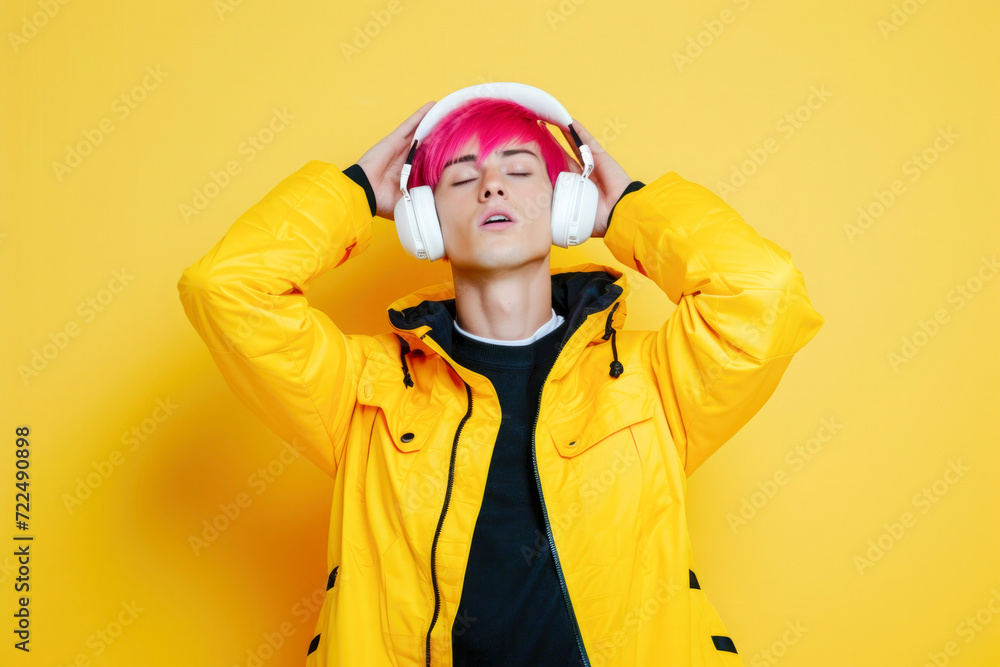 Androgynous model men with pink hair, with white wireless headphones, on yellow background