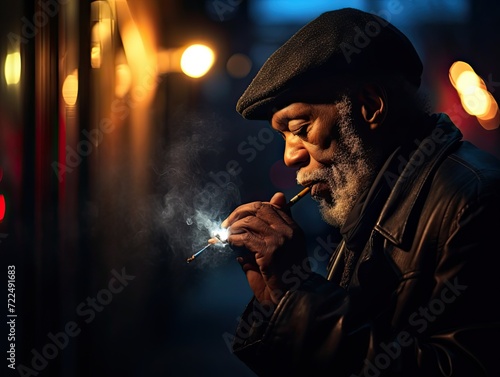 Passionate man playing a harmonica on a dimly lit street corner