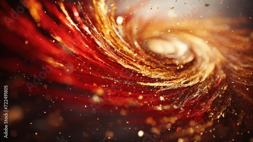 Abstract Color Dynamics. dramatic and explosive swirl of paint, with vibrant gold and red hues erupting into a black void, depicting motion and energy. photo