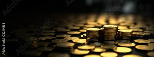 Golden coins stacked in increasing columns on a reflective surface with warm bokeh lighting effect. Concept of financial growth and success, financial decisions, savings, or smart investments