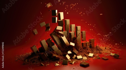 A conceptual scene depicting the dramatic and chaotic tumble of gold bars on red background, economic turmoil, financial crisis, economic recession or market volatility.