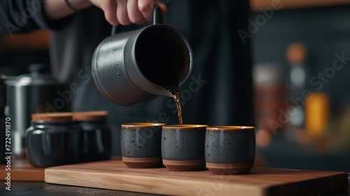  a person pours a cup of coffee from a teapot into four cups on top of a cutting board.