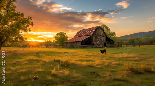 A serene sunset casts a warm golden glow over a picturesque rustic barn in a vast field  home to a charming array of farm animals. Perfect for adding a touch of bucolic beauty to any project.