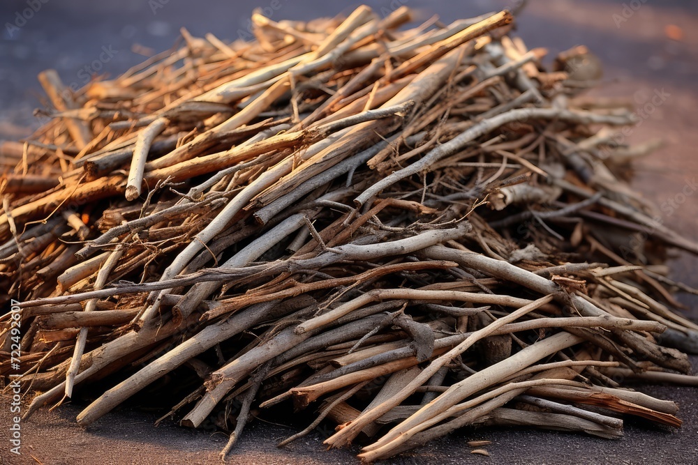 Branches pile, dry twigs pile ready for campfire, sticks, boughs heap for a fire, dry thin branches