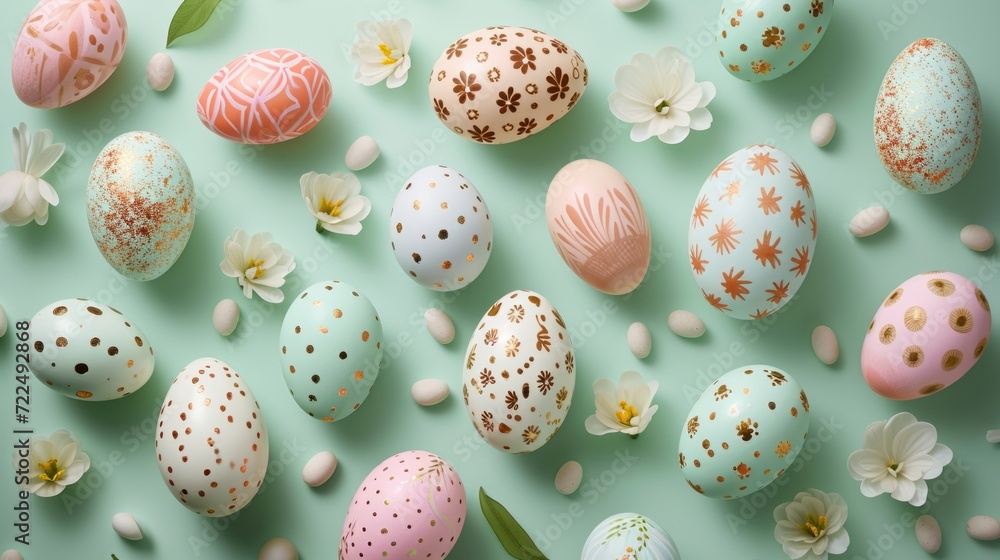  a group of painted eggs sitting on top of a blue surface next to white and pink flowers and green leaves.