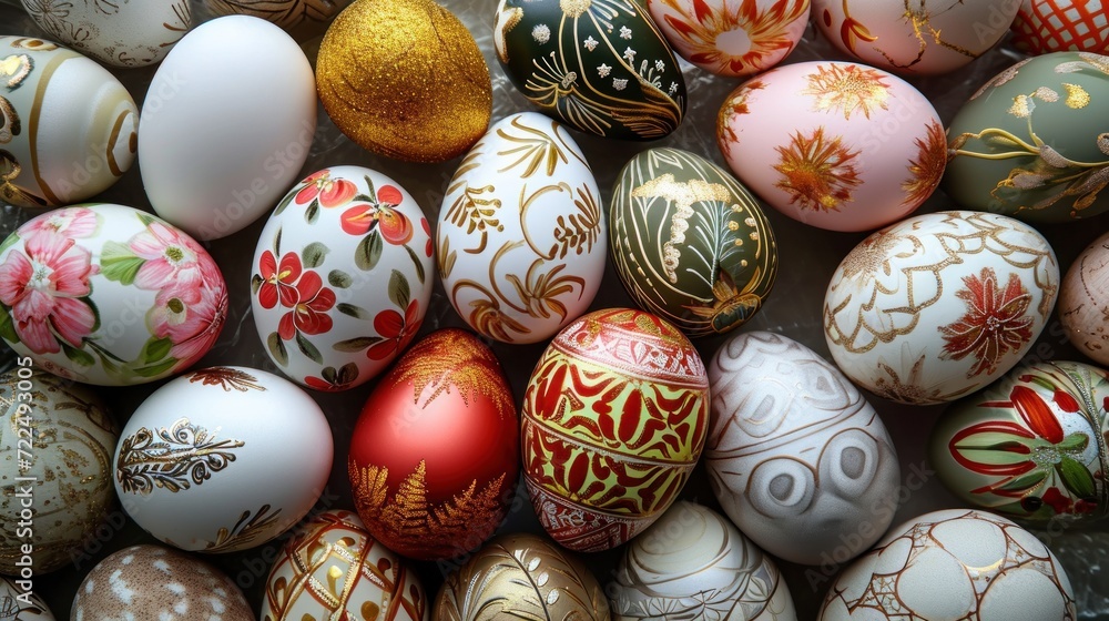 a close up of a bunch of different colored easter eggs with gold and red designs on them and a gold ornament on the top of the eggs. a close up of a bunch of different colored easter eggs with gold and red designs on them and a gold ornament on the top of the eggs.