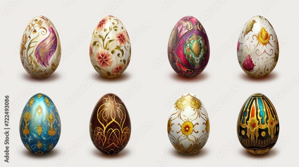 a group of painted eggs sitting next to each other on top of a white surface with different designs on them. a group of painted eggs sitting next to each other on top of a white surface with different designs on them.