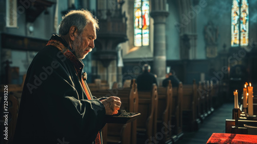 Priest administering ashes during Ash Wednesday. Priest Performing Ash Wednesday Ritual in a sunlit church during an Ash Wednesday ceremony