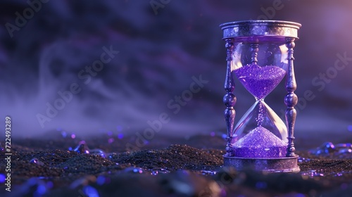 Creative Ash Wednesday scene with a purple hourglass, ashes flowing instead of sand, symbolizing the passage of time and reflection, Purple Hourglass with Ashes for Ash Wednesday.