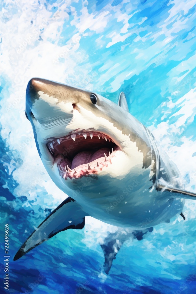 Naklejka premium A shark with its mouth open, swimming in the water. This image can be used to depict the power and danger of sharks, as well as marine life and underwater scenes