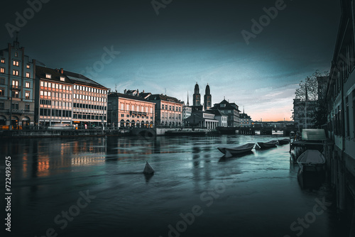 View of the old town of Zurich with Grossmünster at sunset