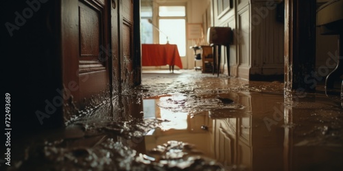 A small puddle of water on the floor of a hallway. Suitable for illustrating water damage, maintenance issues, or accidents in indoor environments