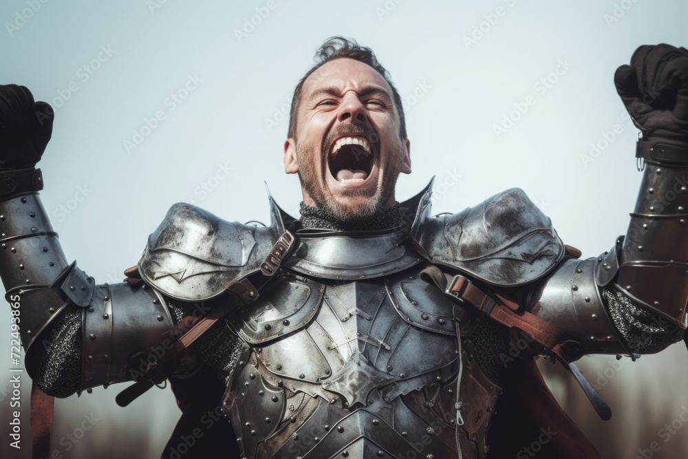 A man dressed in armor raising his arms. Suitable for historical reenactments or medieval-themed events A man dressed in armor raising his arms. Suitable for historical reenactments or medieval-themed events