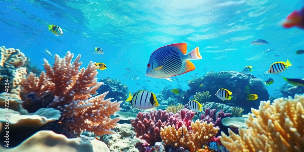 Naklejka premium A vibrant image showcasing a group of fish swimming gracefully over a stunning coral reef. Perfect for illustrating the beauty of marine life and underwater ecosystems.