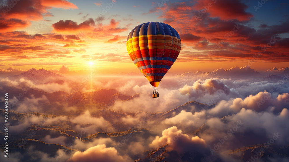 Obraz premium Hot air balloon drifting among the clouds during a sunrise