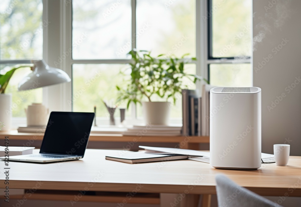 Air purifier or aromatherapy diffuser humidifier in a home office setup with simple and modern design. Air purifier or aromatherapy diffuser humidifier in a home office setup with simple and modern design.