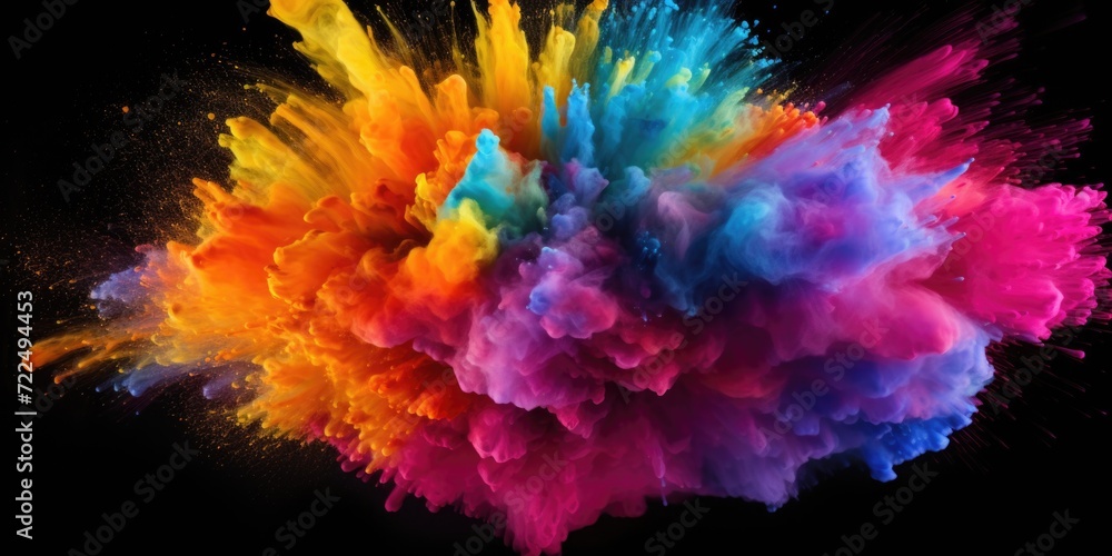A vibrant explosion of colorful powder against a dark black backdrop. Perfect for adding a burst of energy and excitement to any project A vibrant explosion of colorful powder against a dark black backdrop. Perfect for adding a burst of energy and excitement to any project