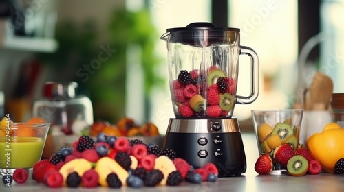 A blender sitting on top of a counter filled with a variety of fresh fruits. Perfect for healthy lifestyle, cooking, or recipe concepts