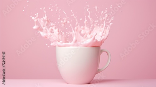  a white cup filled with pink liquid on top of a pink surface with a splash of pink liquid coming out of the top of the cup.
