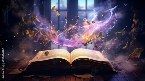 Open book with fantastical elements spilling out
