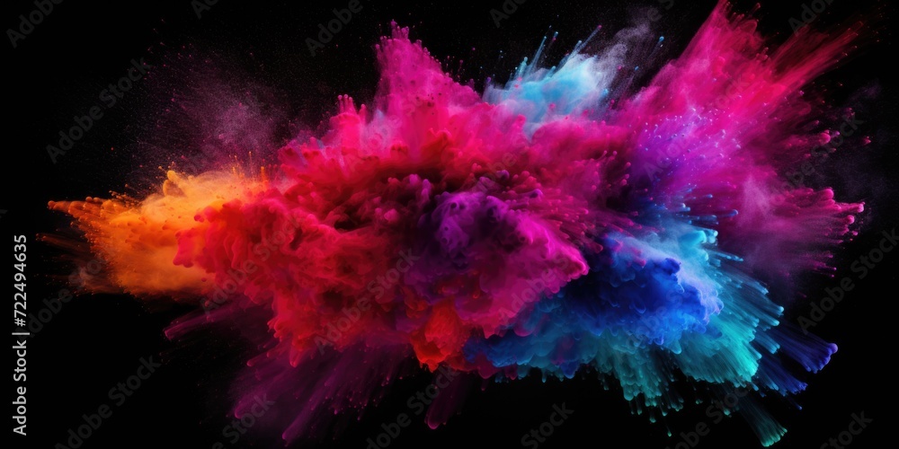 Colorful powder explosion captured on a black background. Perfect for vibrant and energetic concepts. Ideal for use in advertising, celebrations, and events. Colorful powder explosion captured on a black background. Perfect for vibrant and energetic concepts. Ideal for use in advertising, celebrations, and events.