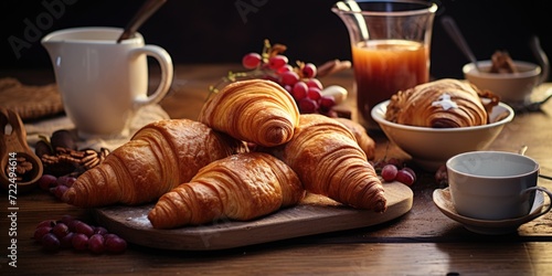 A table adorned with a delicious assortment of croissants and a steaming cup of coffee.