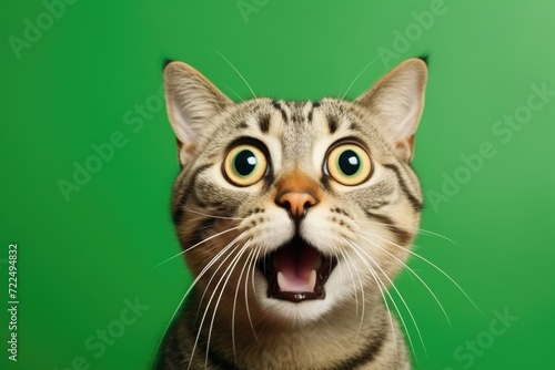 A close-up view of a cat against a vibrant green background. Perfect for animal lovers or pet-related content © Fotograf