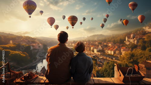 Dad and son sitting at a terrace looking at a hot air balloon festival