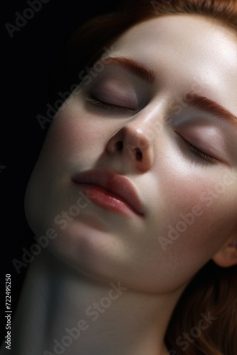 A close-up photograph of a woman with her eyes closed. This image captures the serene expression on her face. Perfect for meditation or relaxation-related themes