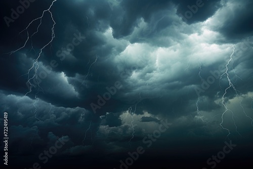 A dramatic image of a dark sky filled with menacing clouds and bolts of lightning. Perfect for illustrating storms, bad weather, or a sense of foreboding