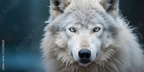 A close-up photograph of a majestic white wolf with piercing blue eyes. Perfect for nature enthusiasts and wildlife lovers