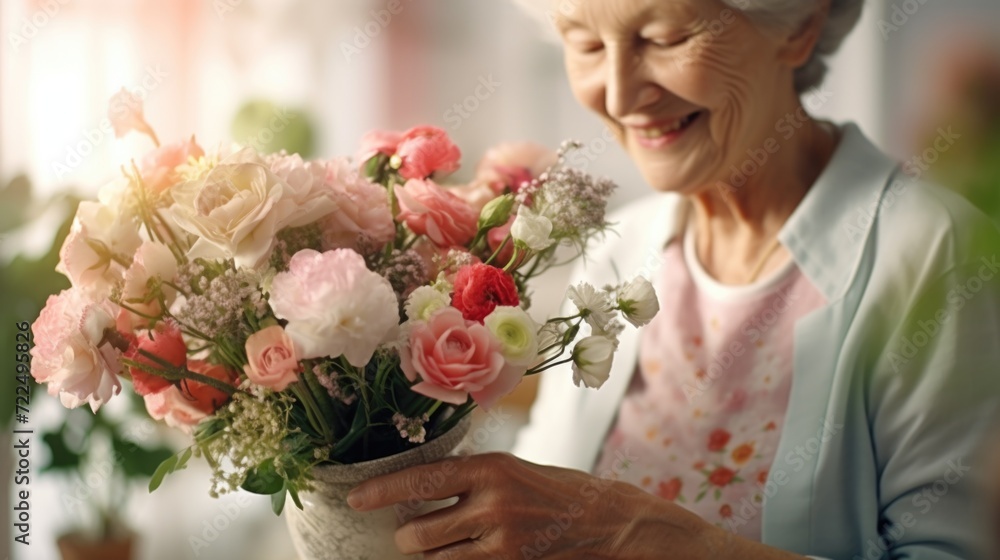 An older woman gracefully holds a vase filled with vibrant flowers. Perfect for adding a touch of elegance to any space An older woman gracefully holds a vase filled with vibrant flowers. Perfect for adding a touch of elegance to any space