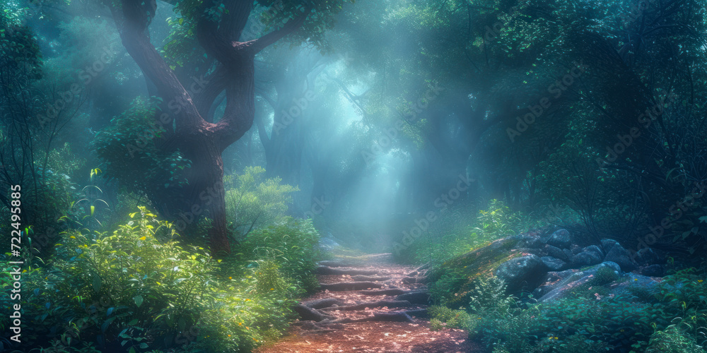 Enchanted forest pathway, a mystical wallpaper featuring a magical forest pathway bathed in soft light.