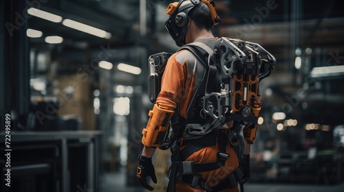 Industrial worker equipped with a heavy-duty powered exoskeleton for lifting and carrying heavy loads in manufacturing environments.