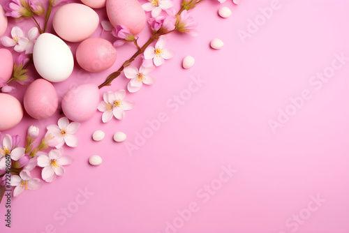 Banner Easter eggs and cherry blossom branches on a pink background, with copy space