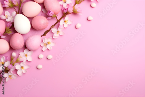 Banner Easter eggs and cherry blossom branches on a pink background  with copy space