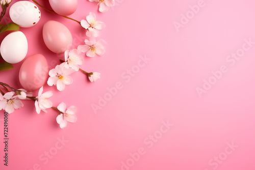 Banner Easter eggs and cherry blossom branches on a pink background, with copy space