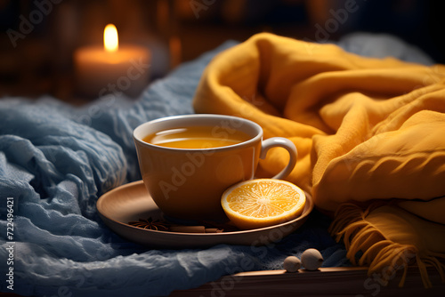 cup of hot tea with lemon on the table near a warm knitted scarf. warmth at home during the cold season.
