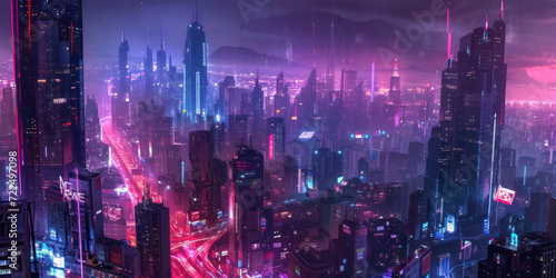 Futuristic city skyline, a high-tech wallpaper showcasing a futuristic city skyline with sleek architecture and neon lights. © Hunman
