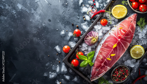 tuna fish steak on a dark background with seasoning. photo