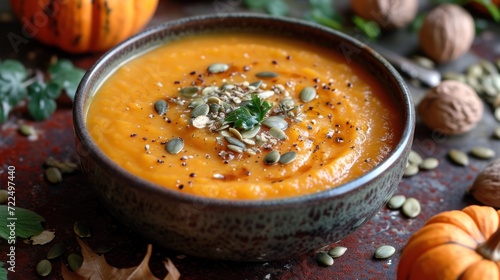  a close up of a bowl of soup on a table with pumpkins and leaves around it and pumpkins in the background.