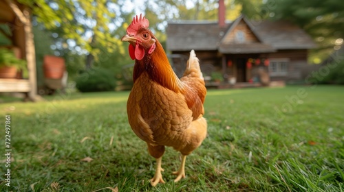 chicken walking on the grass in the yard of a classic American farm