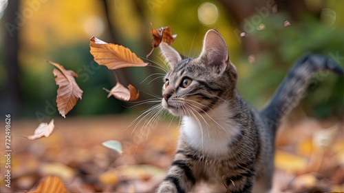 Happy cat play with autumn leaves in public park wallpaper background © Irina