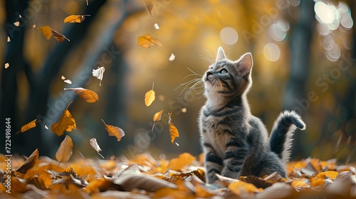 Happy cat play with autumn leaves in public park wallpaper background