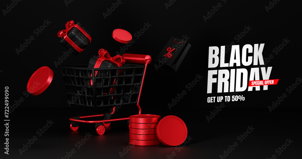 Black friday sale Promotion, Realistic Gift Boxes with Red Ribbon , shopping cart black, Dark background Podium .poster, banners, flyers, card,advertising , 3D rendering